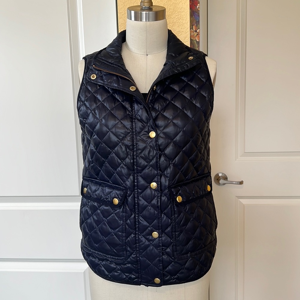 J Crew navy blue full zip & snap down filled puffer vest double snap pockets XS